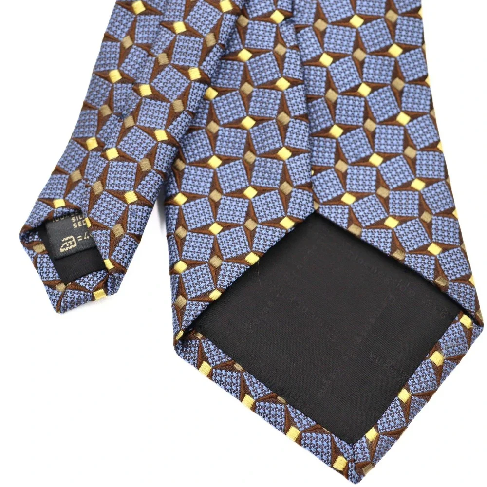 Ermenegildo Zegna Silk Tie Blue‎ Brown Yellow Geometric Diamond Pattern Italy